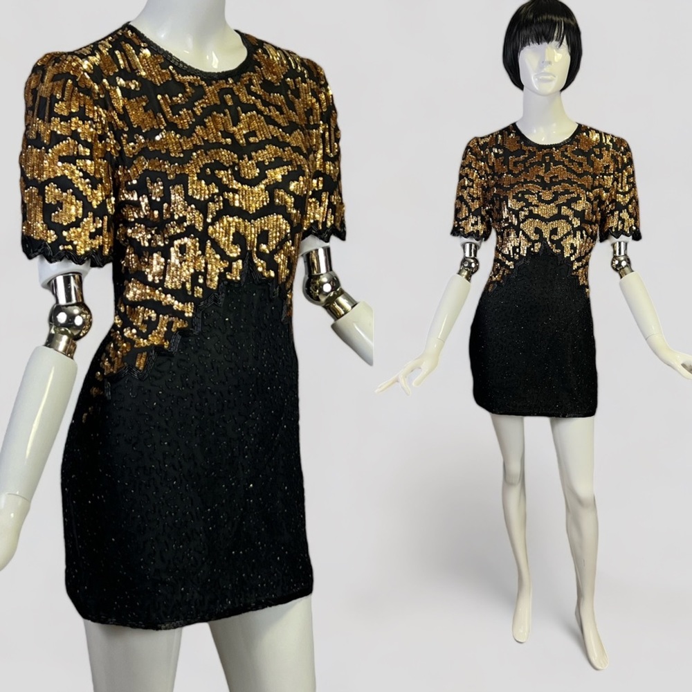 Vintage 90s Gold Sequined and Black Beaded Cocktail Party Silk Mini Dress S